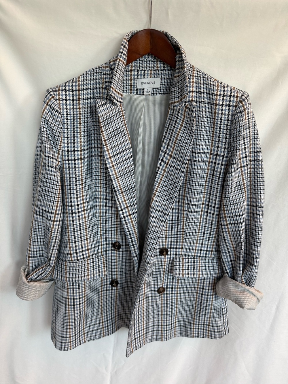 Evereve Plaid Double-Breasted Blazer in blue plaid, size large